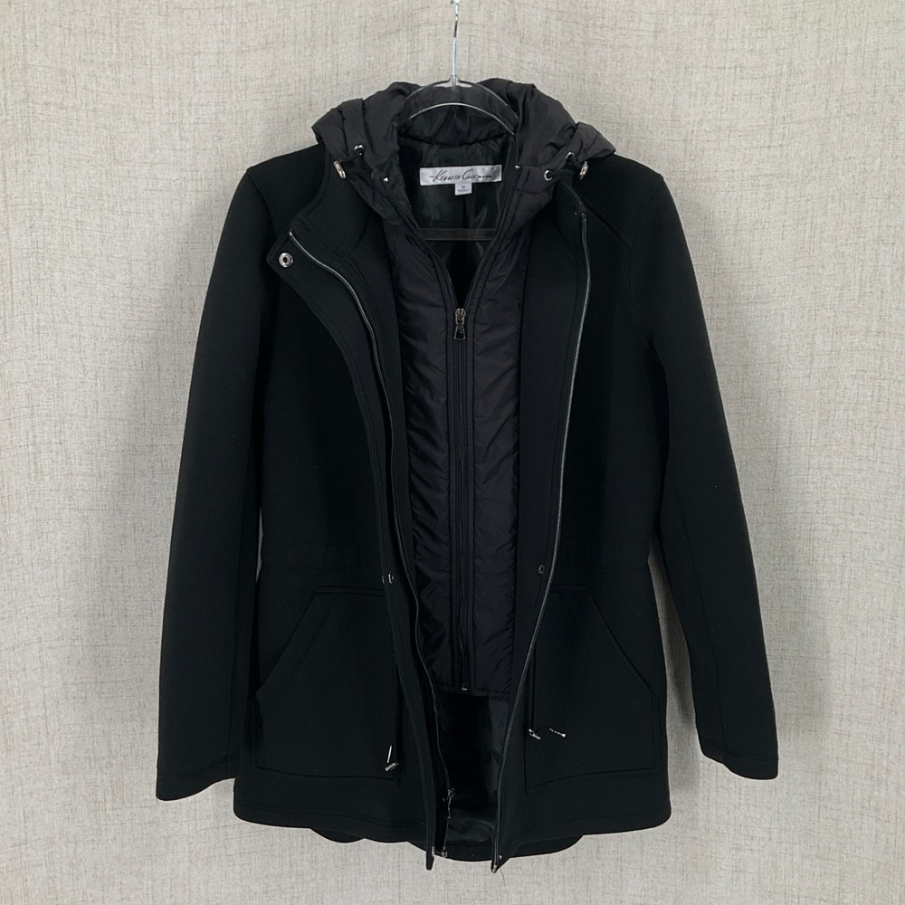 Kenneth Cole Jacket Women Medium Black Hooded Drawstring Waist Minimalist